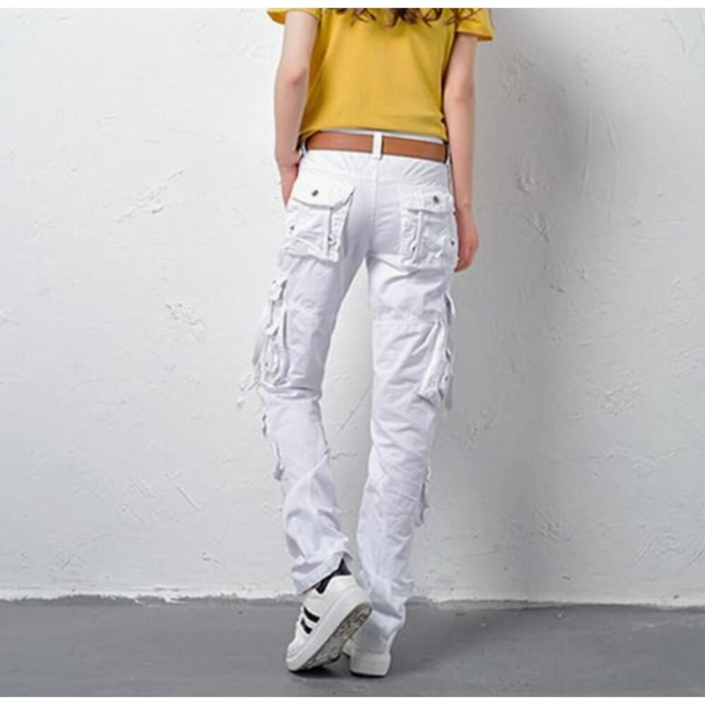 White Cargo Pants Multi Pockets Straight Leg Relax Fit Women Size 31 Punk Casual - Picture 14 of 14